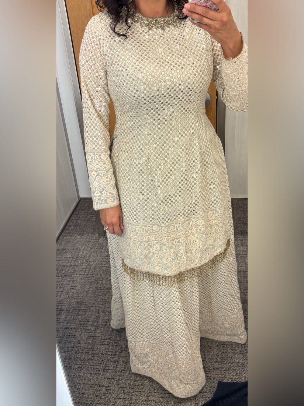 Elegant Ivory & Gold Embroidered Kurta Set with Lehenga Skirt and Dupatta
